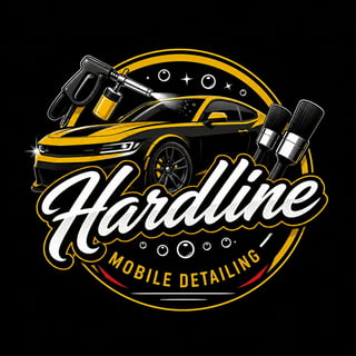 Hardline Mobile Detailing logo featuring a yellow and black sports car with detailing tools and circular badge design