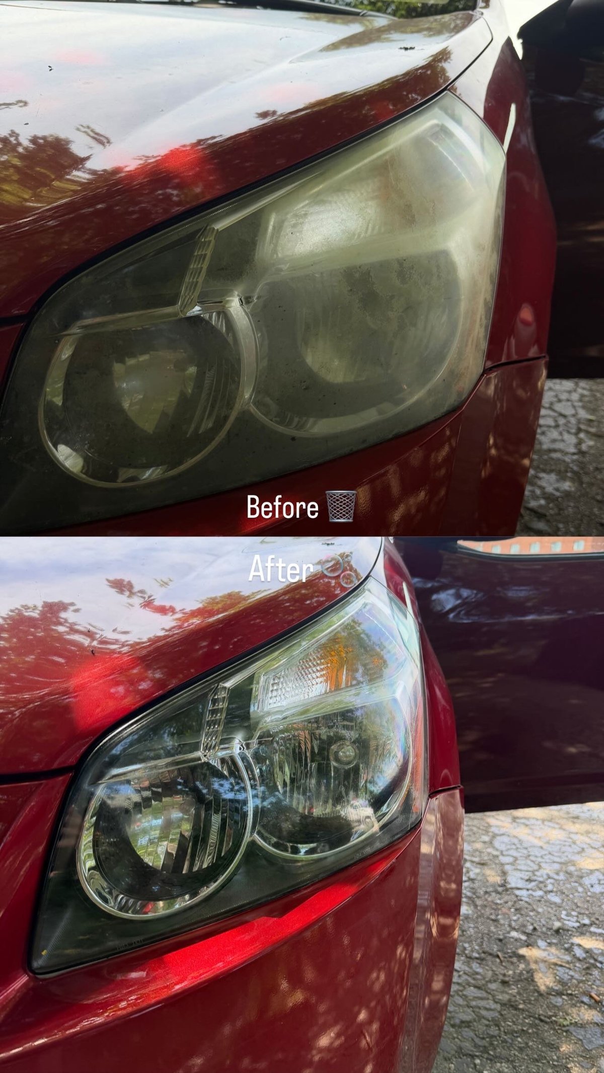 Before and after comparison of a red cars headlight restoration, showing cloudy foggy lens improved to clear bright headlight